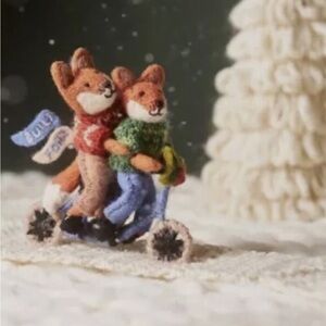 Anthropologie Ornament BUILT FOR TWO 2 Foxes Bike Winter Sweaters Wool 6" NWT